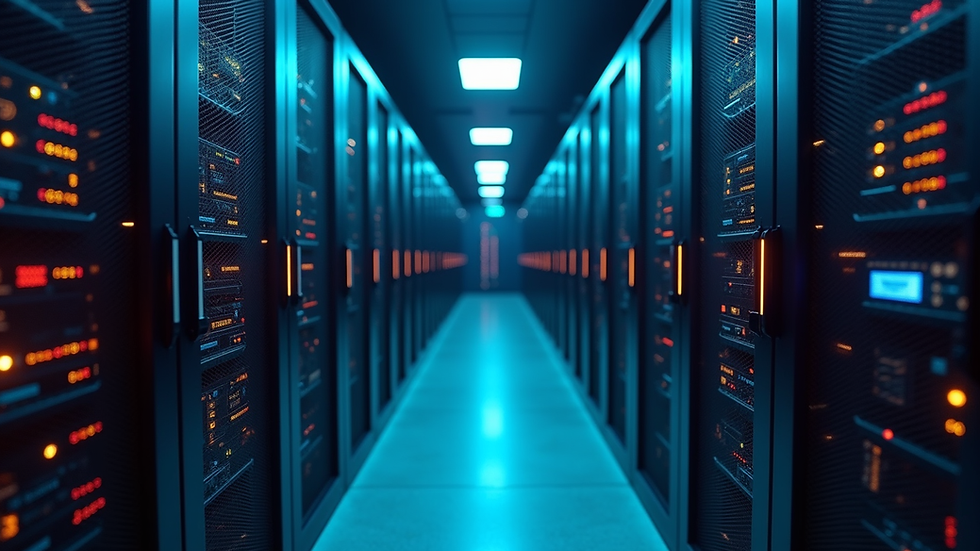 High angle view of a server room with blinking lights representing email security infrastructure