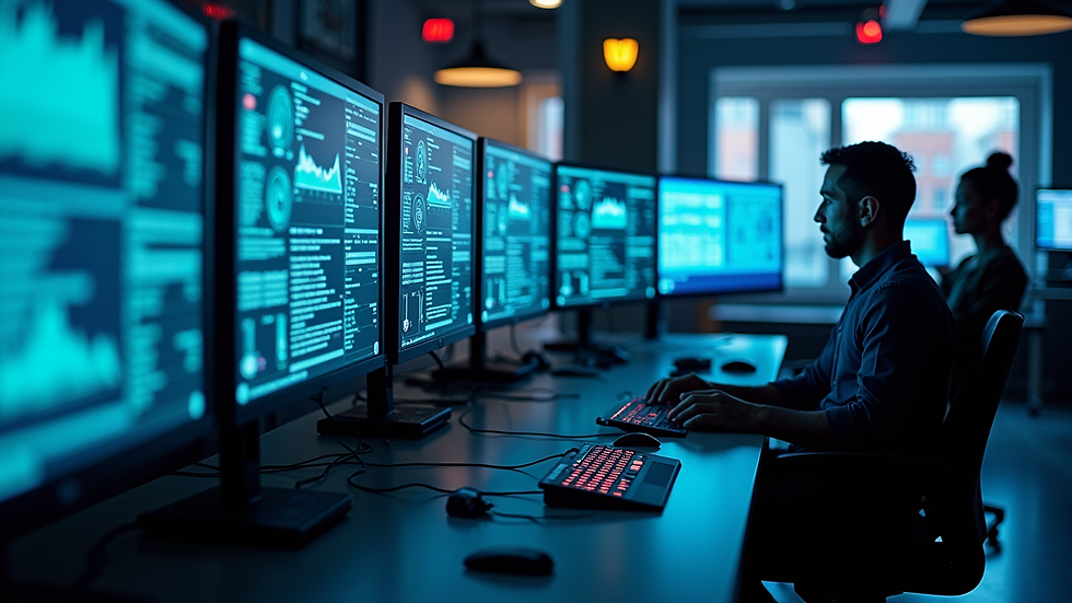 High angle view of a cybersecurity operations center with multiple monitors