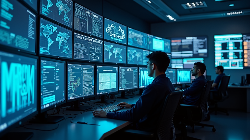 High angle view of a cybersecurity operations center with multiple monitors displaying threat data