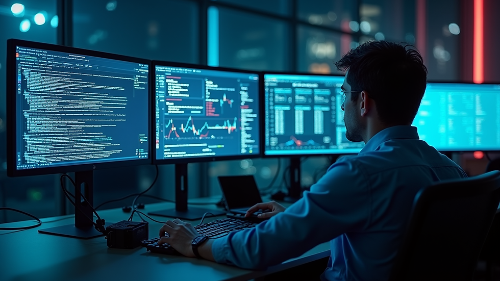 Eye-level view of a cybersecurity operations center with multiple monitors showing threat detection data
