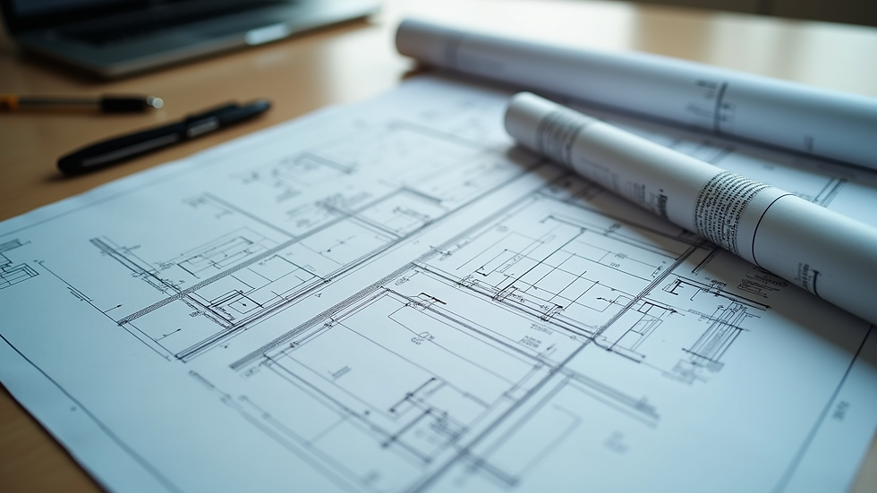 High angle view of architectural blueprints and technical drawings on a desk