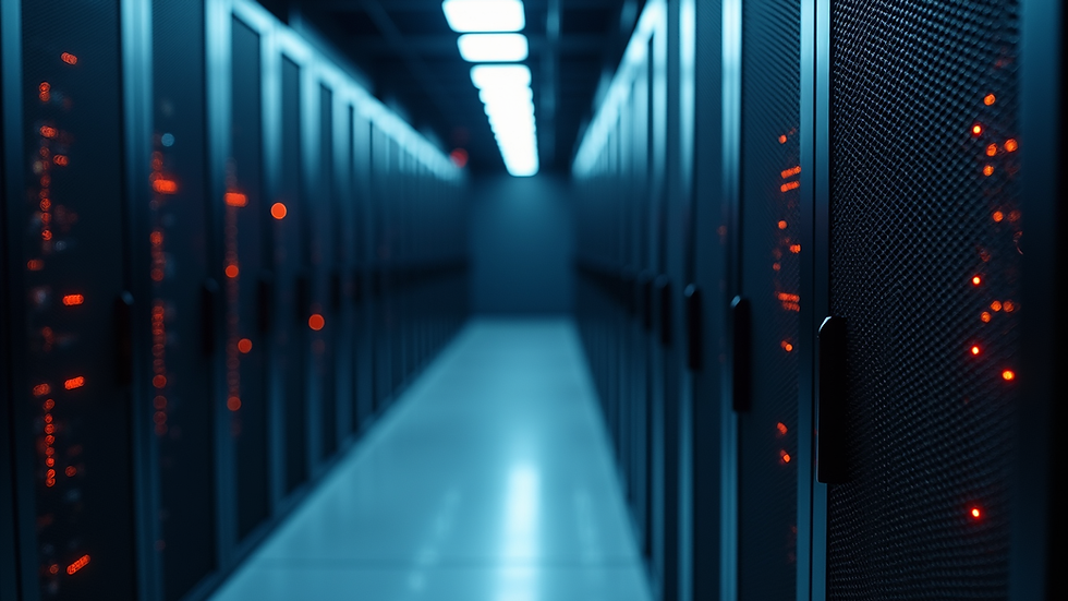High angle view of a server rack with blinking lights in a data center