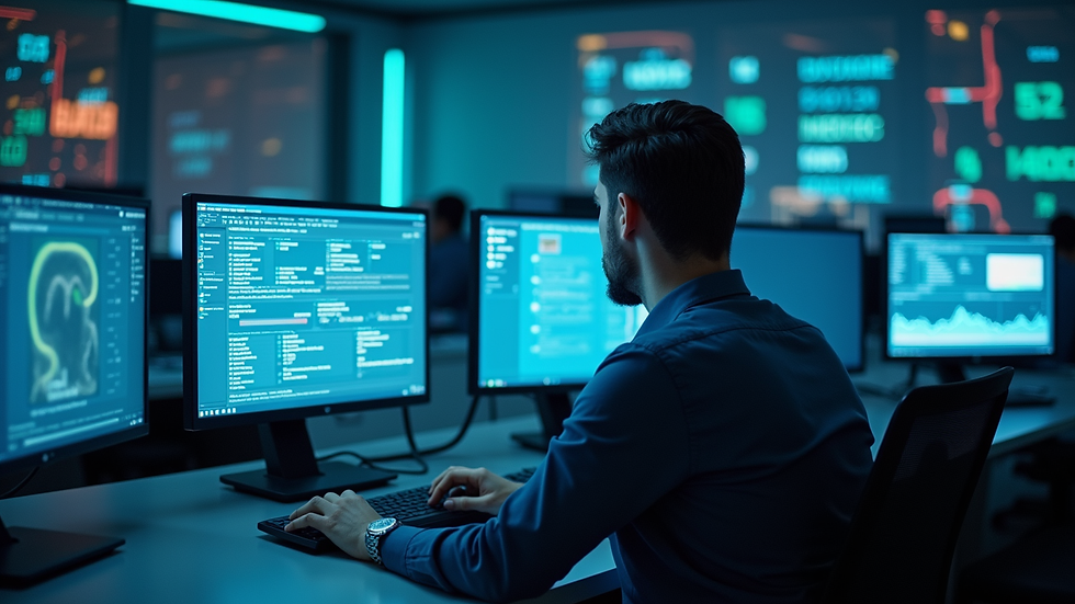 High angle view of a cybersecurity operations center monitoring healthcare data