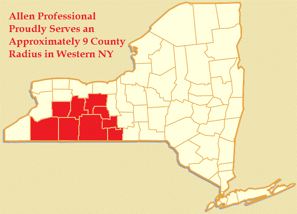 Service area map for Allen Professional, covering Alfred, Wellsville, Hornell, Hammondsport, Naples, Corning and Keuka Lake