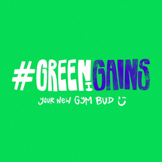 #GREENGAINS Social Media post. Simple use of text and brand colours build a recognisable message.