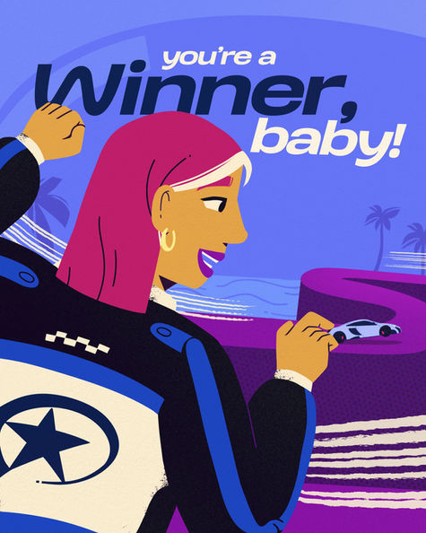 Winner baby! Racing illustration empowering women in motorsports. Bright and expressive illustration