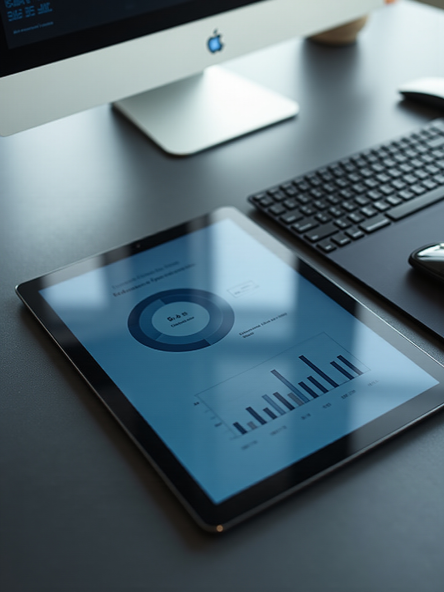 Workspace with iPad displaying data charts
