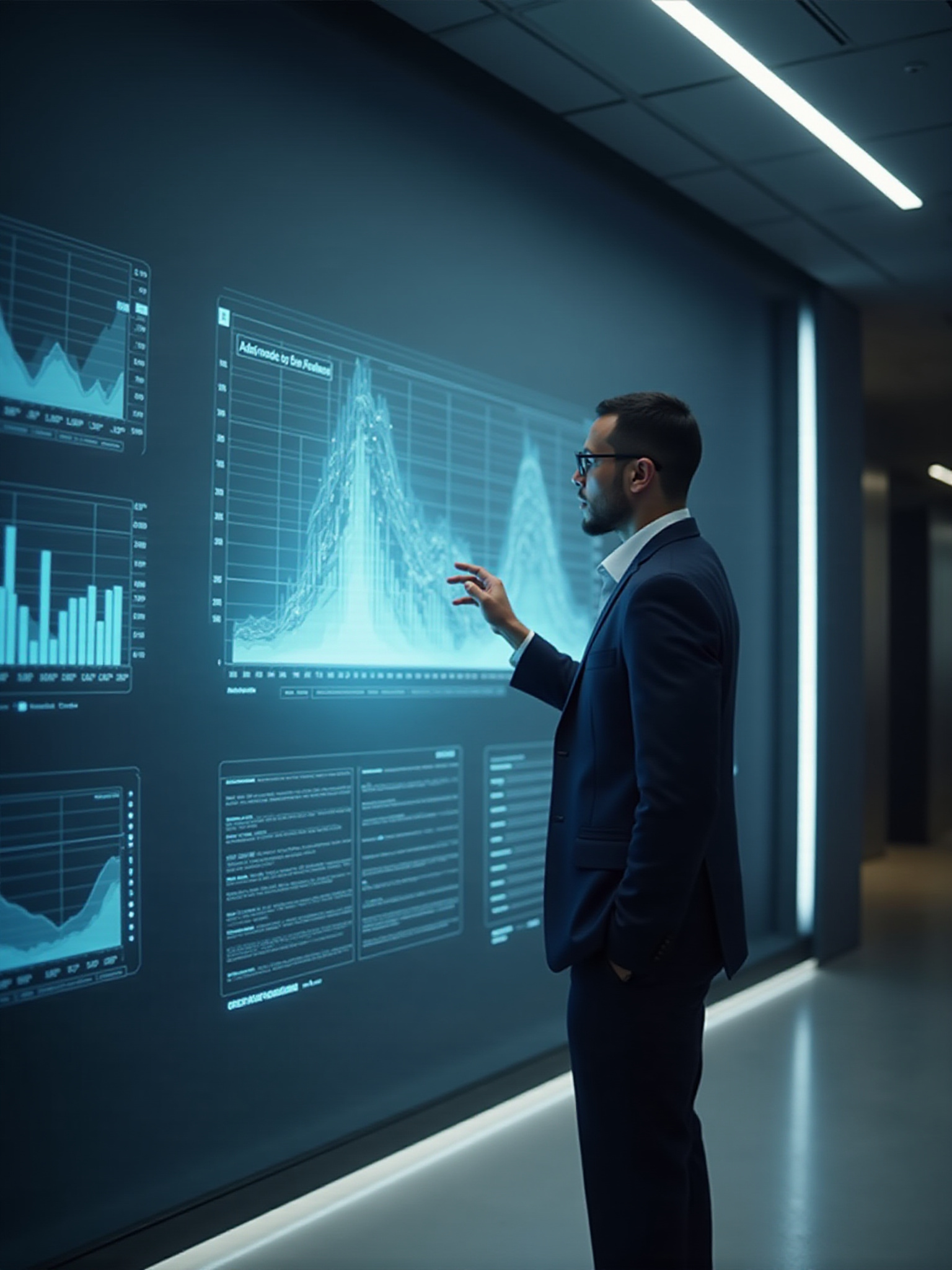 Man interacting with digital data charts
