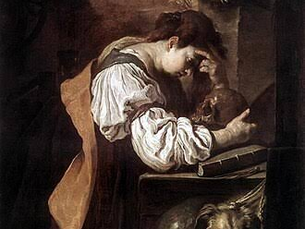 Domenico Fetti, La meditación (h. 1618-1623). Dominio público. Una mujer absorta entre un reloj de arena, una calavera y libros abiertos: el tiempo corriendo mientras nada, aparentemente, ocurre.