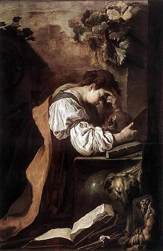 Domenico Fetti, La meditación (h. 1618-1623). Dominio público. Una mujer absorta entre un reloj de arena, una calavera y libros abiertos: el tiempo corriendo mientras nada, aparentemente, ocurre.