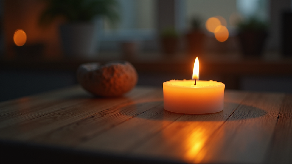 Plano detalle de una vela encendida sobre una mesa de madera, simbolizando la reflexión