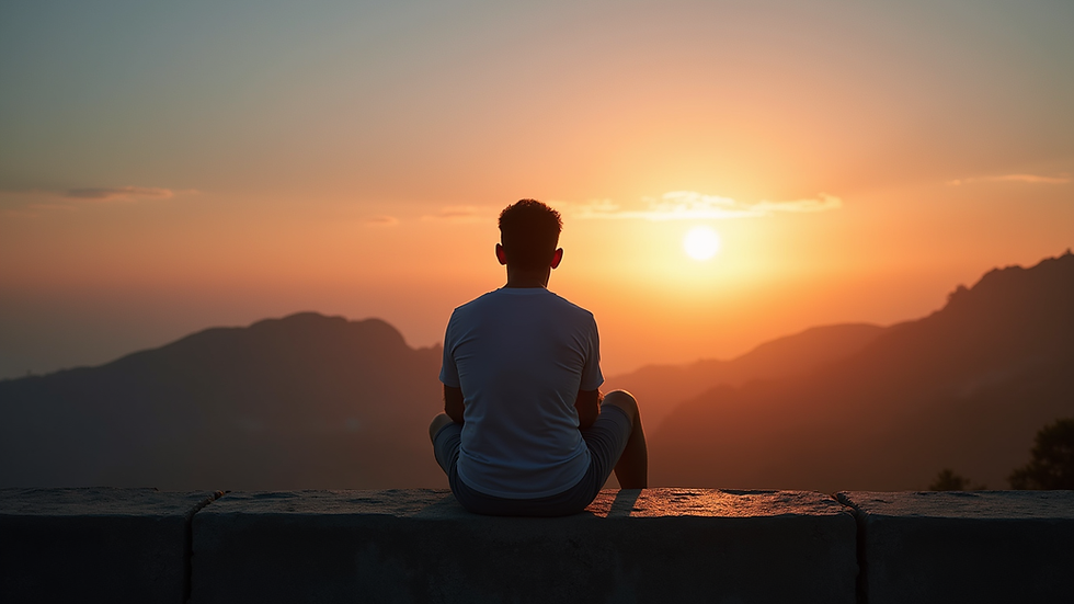 Persona sentada en un banco mirando un paisaje al atardecer, imagen sobre la crisis existencial