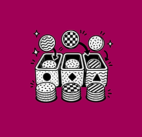 editorial and drawn image of coins or pogs being sorted and stacked by design