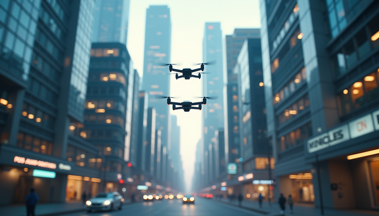 Eye-level view of a futuristic cityscape with flying drones and smart infrastructure