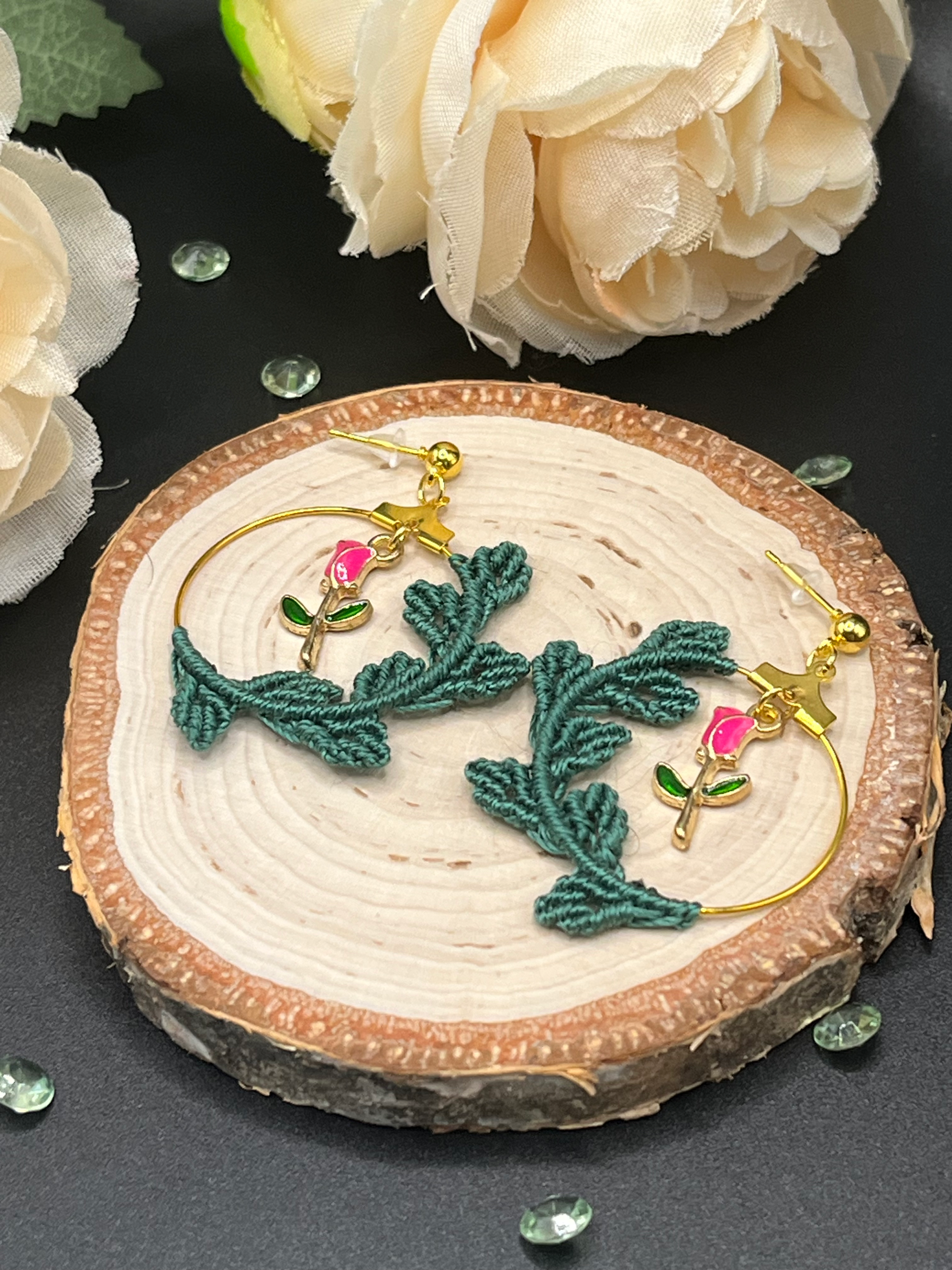 Handmade macrame rose wreath earrings