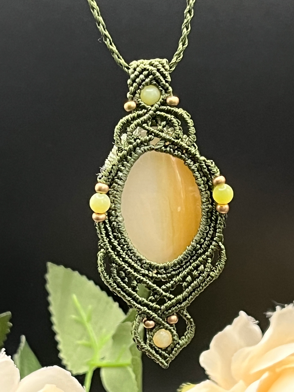 Thumbnail: Handmade macrame bumble bee jasper pendant