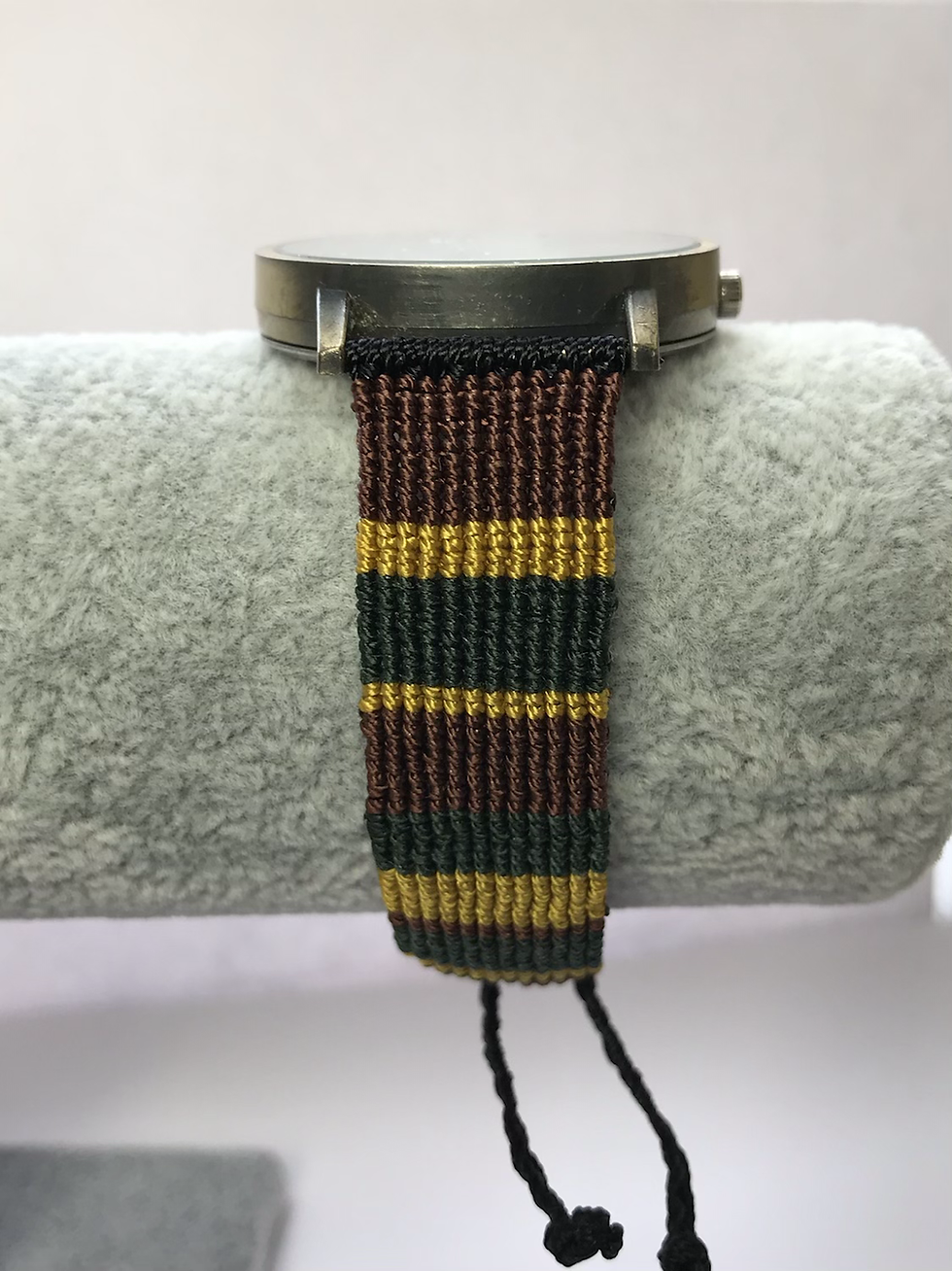 Thumbnail: unique handmade macrame watch strap upcycled green yellow brown unisex mens