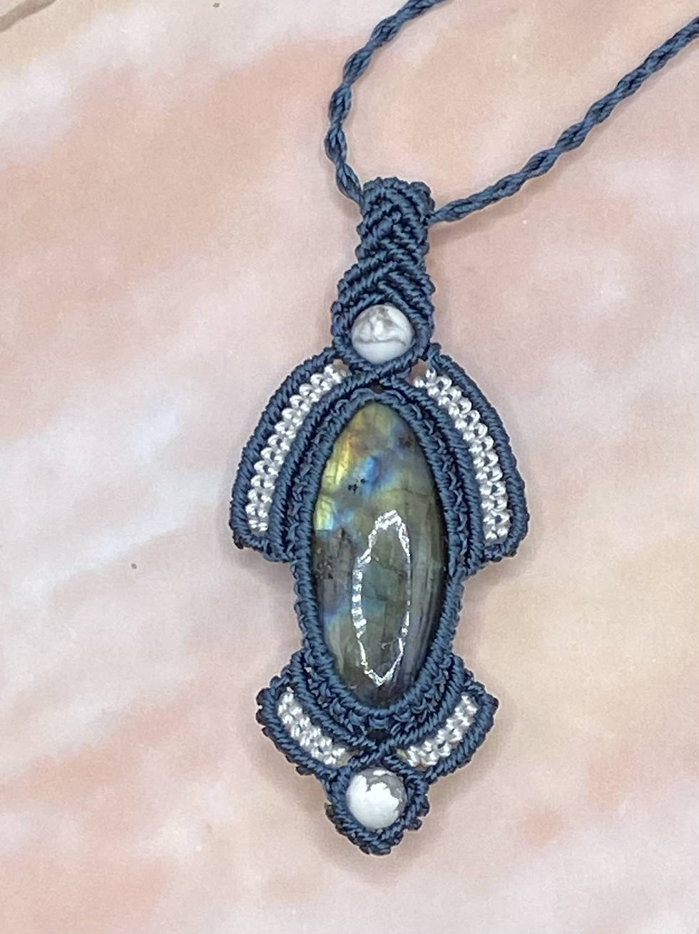 Thumbnail: unique handmade macrame necklace teal white labradorite howelite gemstone