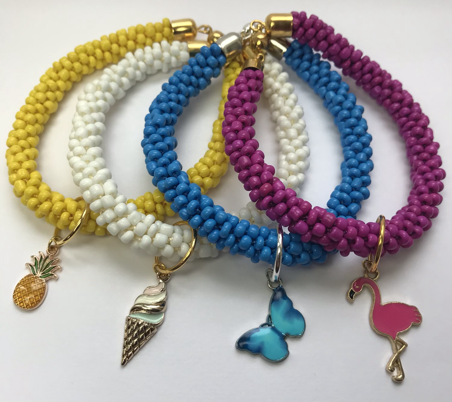 handmade beaded kumihimo bracelet summer yellow pineapple blue butterfly pink flamingo white ice cream