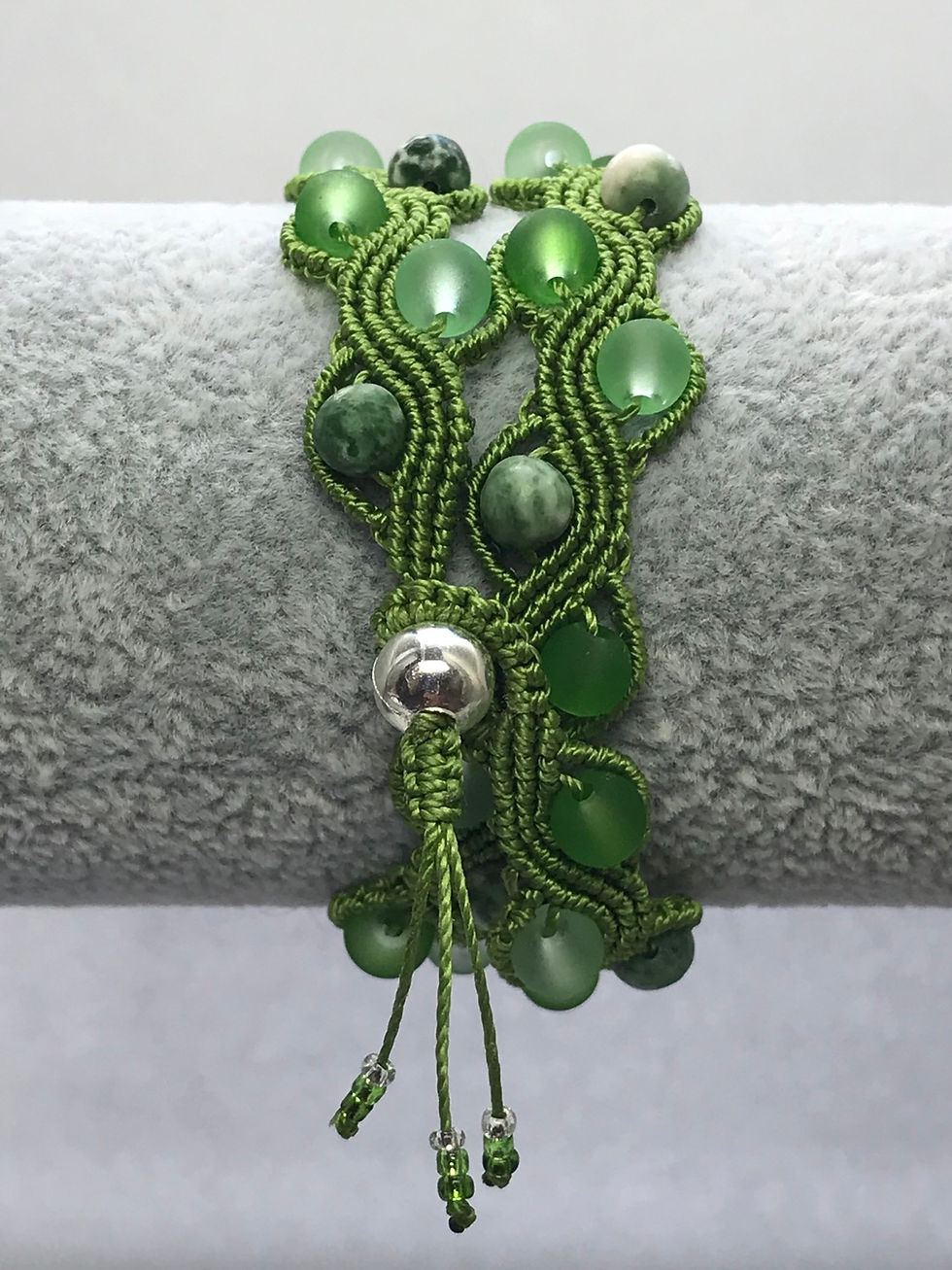 Thumbnail: Handmade macrame green wrap bracelet with moss agate and frosted glass beads