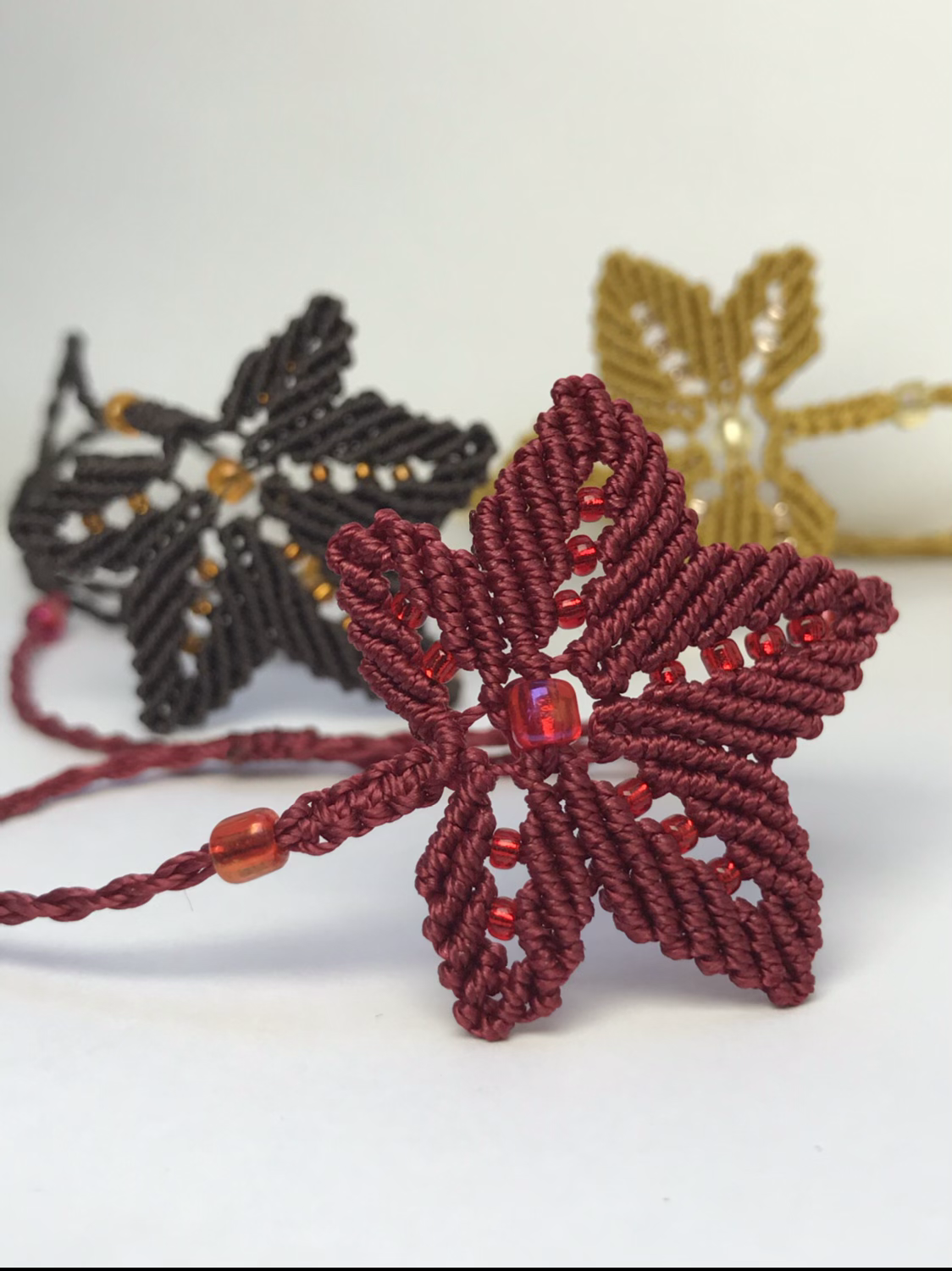 unique handmade macrame jewellery bracelet autumn leaf maple beaded red yellow brown