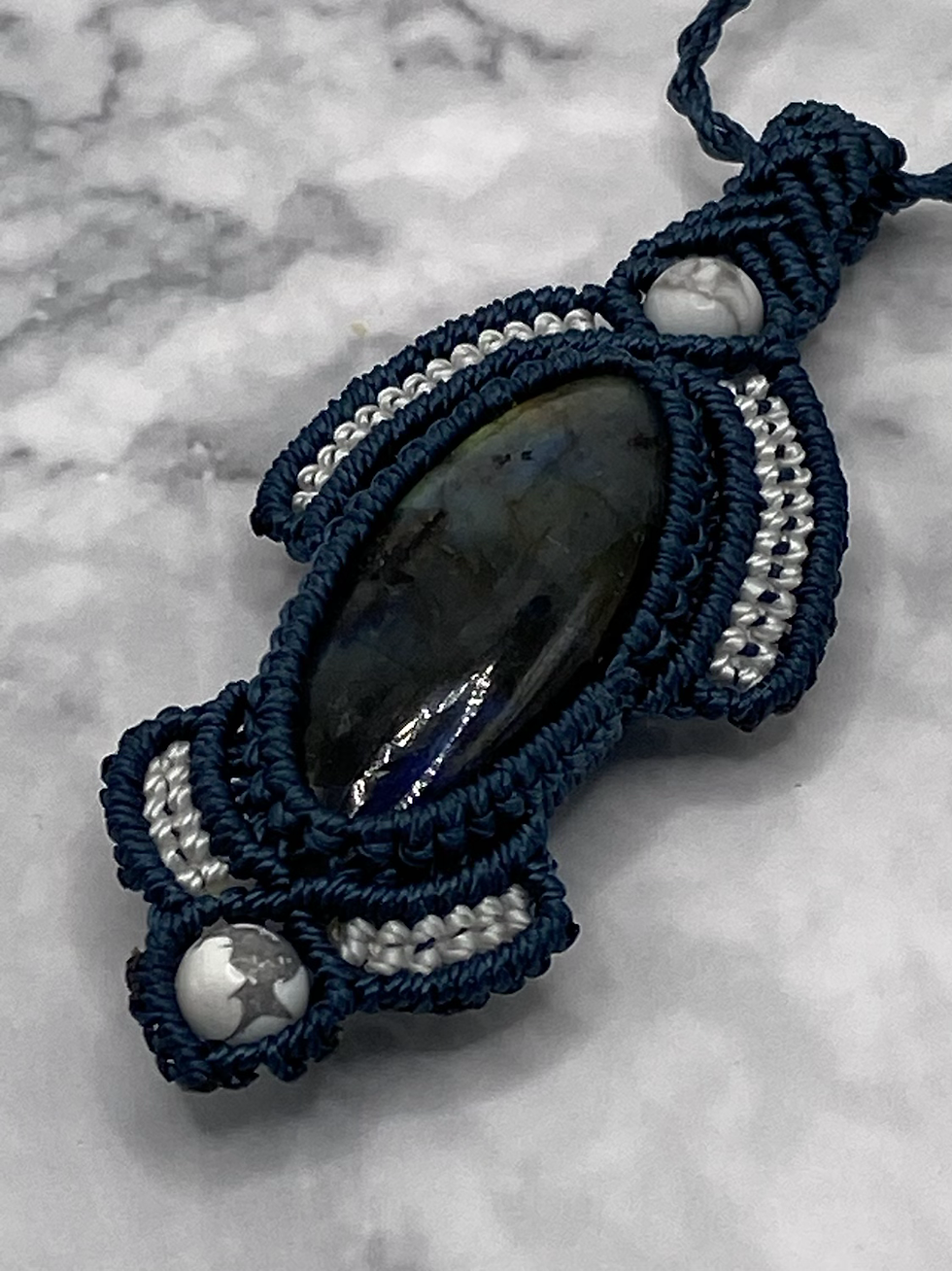 Thumbnail: unique handmade macrame necklace teal white labradorite howelite gemstone