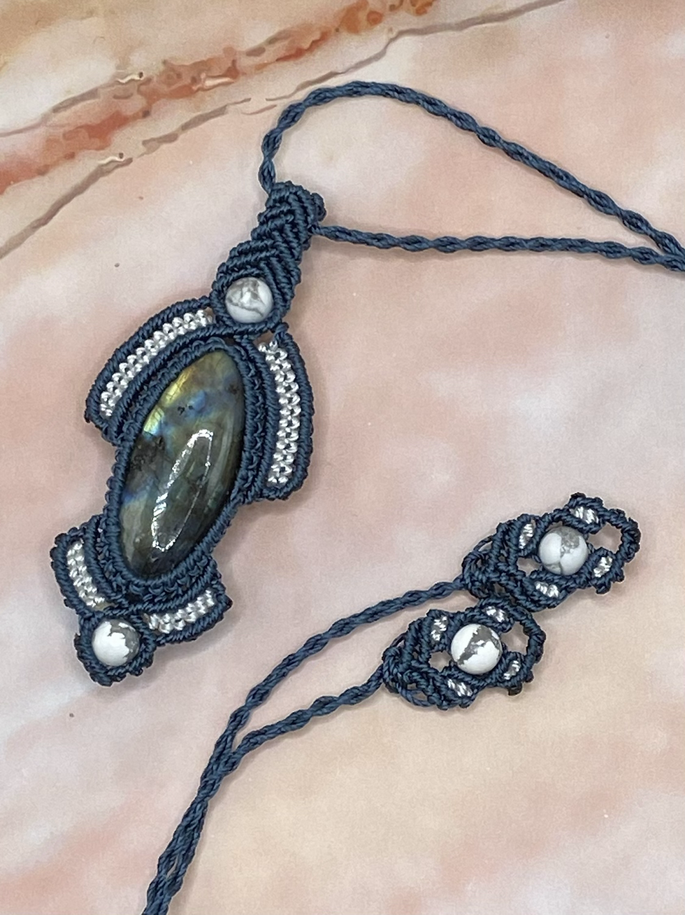 Thumbnail: unique handmade macrame necklace teal white labradorite howelite gemstone
