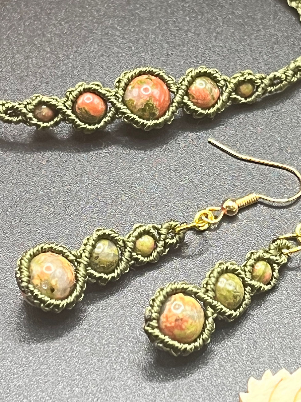 Thumbnail: Handmade macrame gemstone bead bracelet and earrings