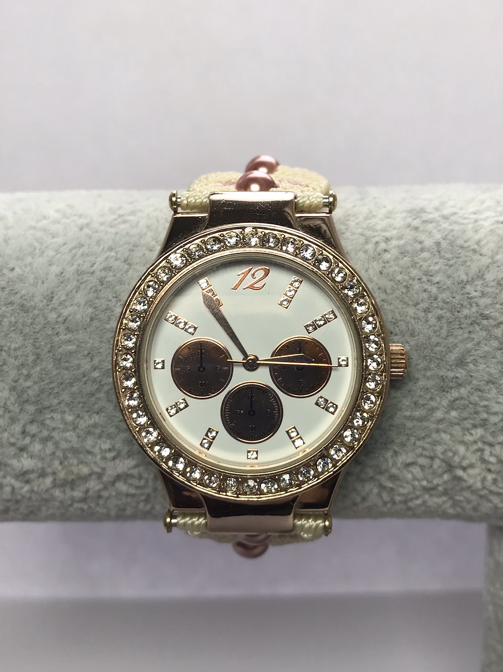 Thumbnail: unique handmade macrame watch strap rose gold pink cream sparkly