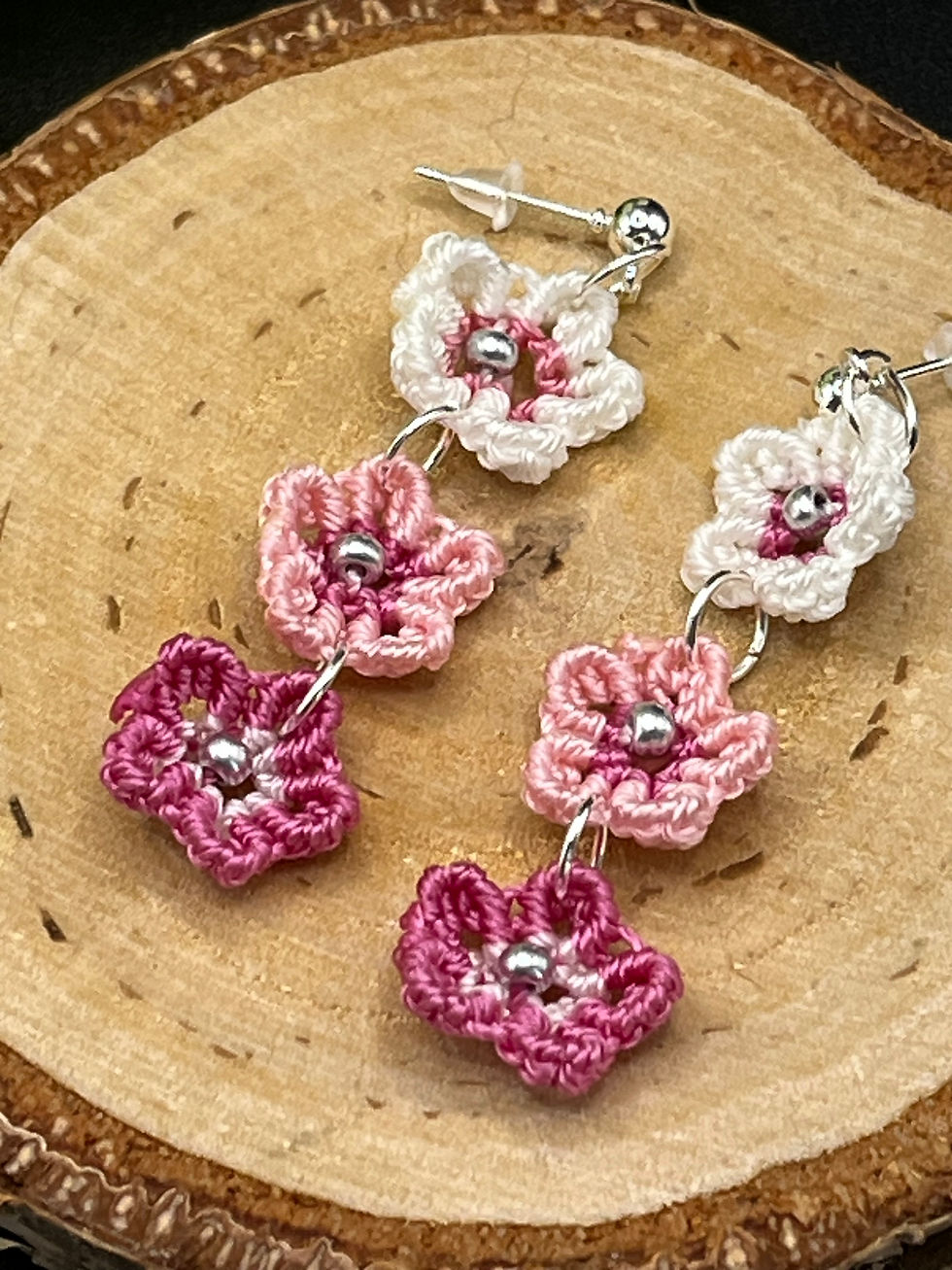 Thumbnail: Handmade macrame tiny trio flower earrings