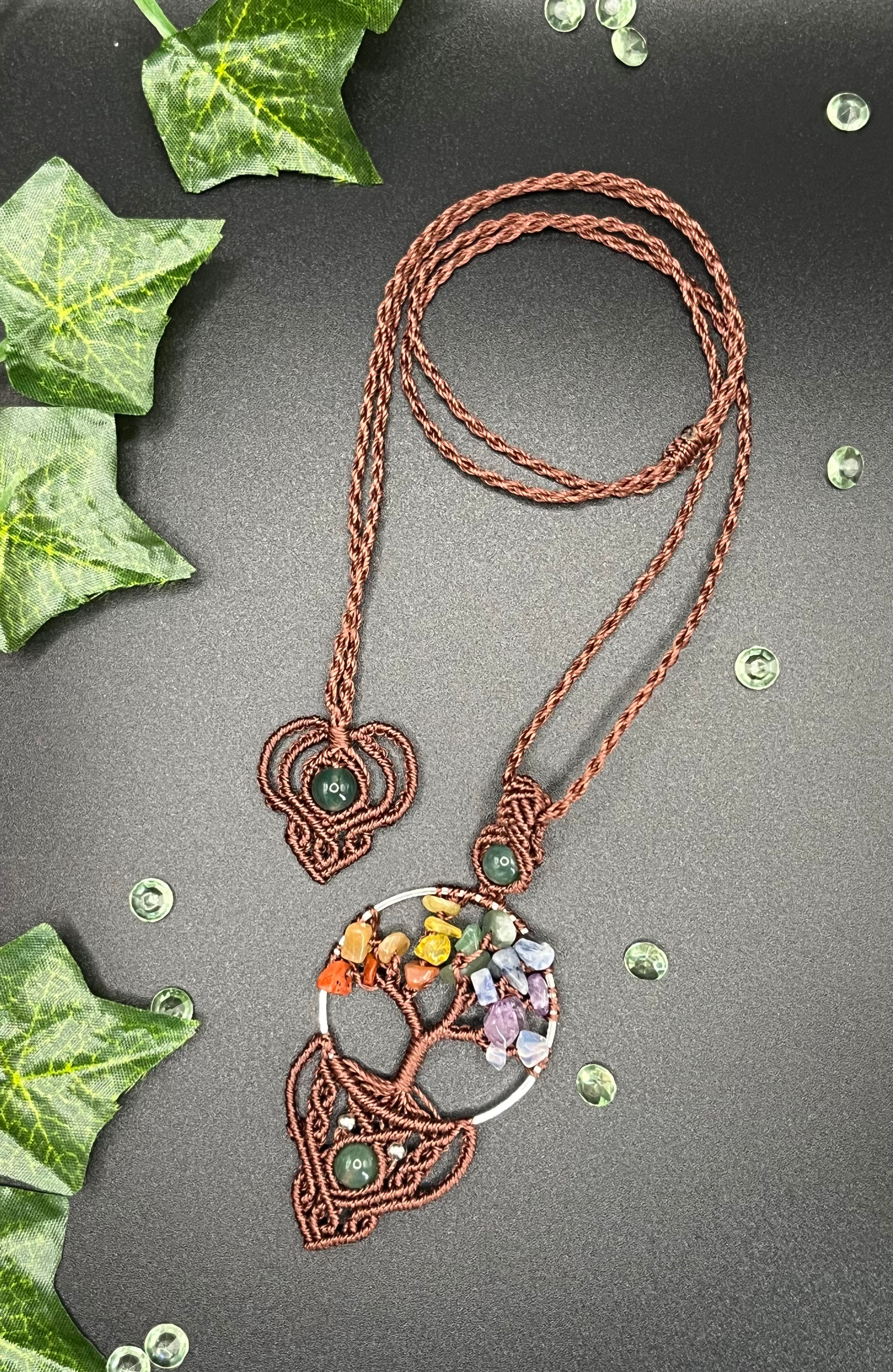 Handmade macrame chakra tree of life necklace