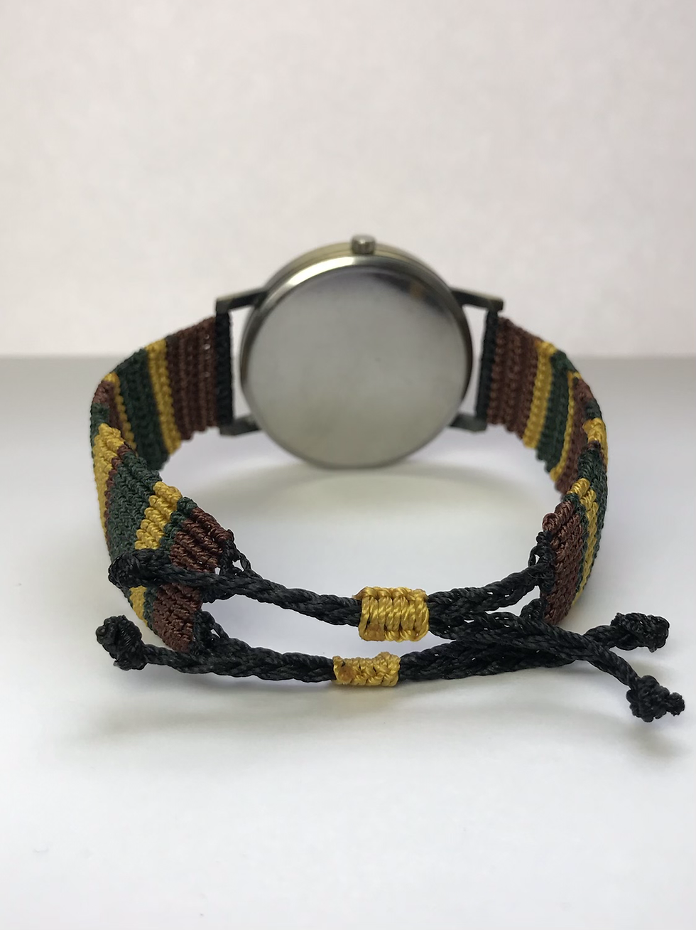 Thumbnail: unique handmade macrame watch strap upcycled green yellow brown unisex mens