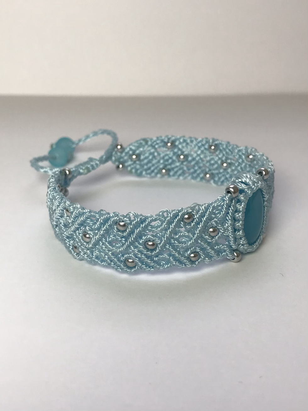 Thumbnail: unique handmade macrame bracelet chalcedony gemstone silver beads sky blue