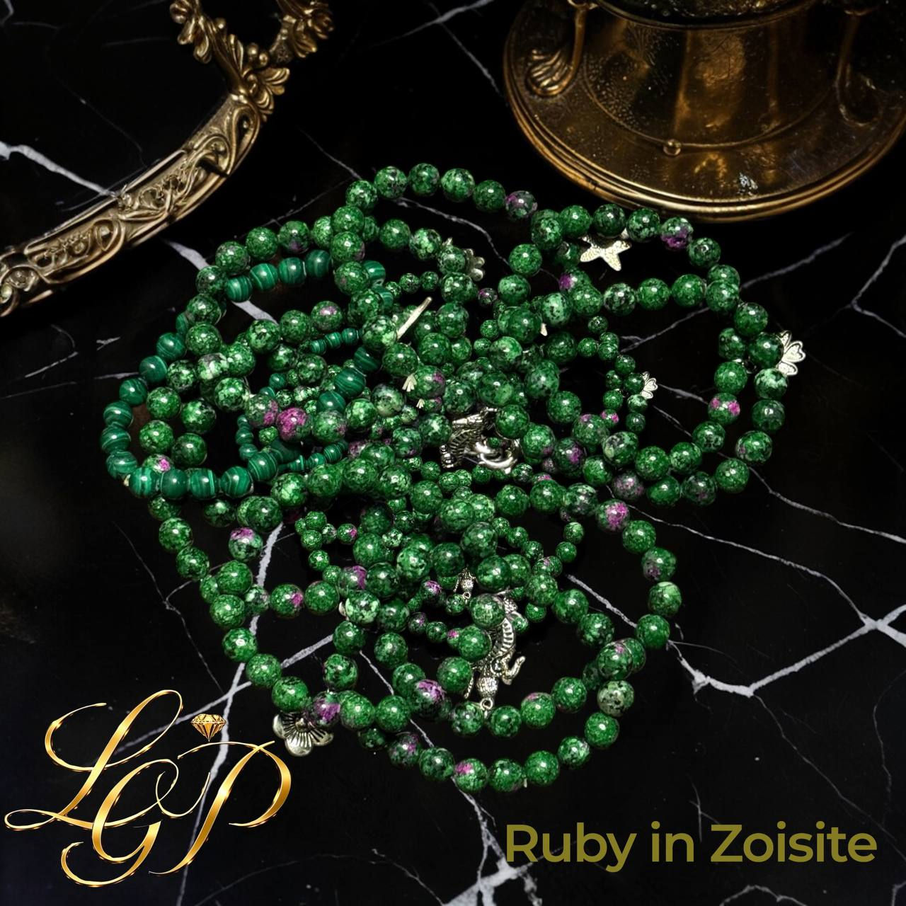 Bracelet with Ruby in Zoisite healing stones and charms.