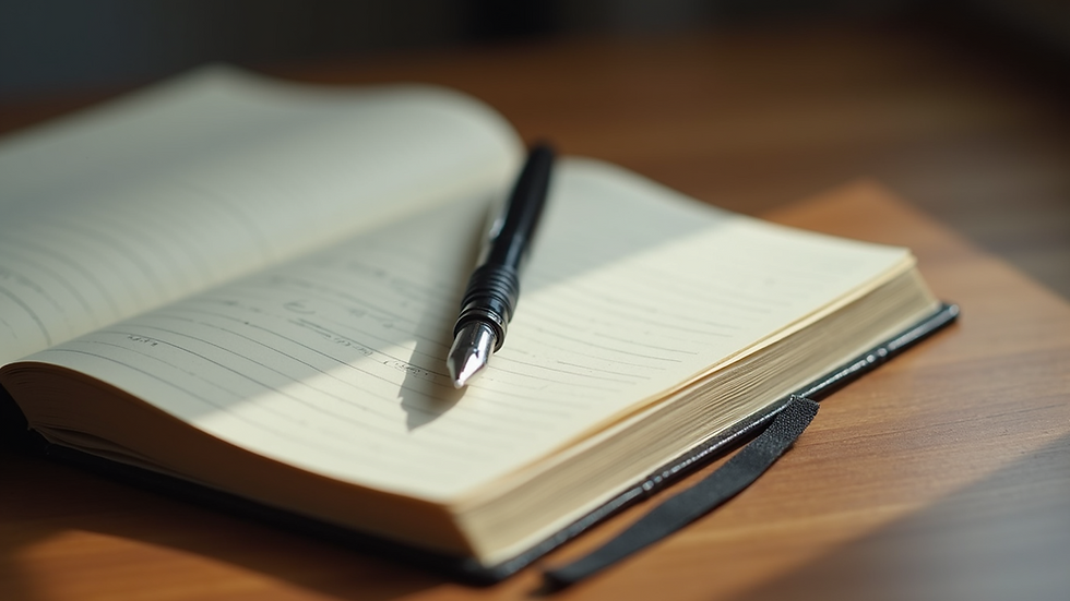 Close-up view of a journal and pen on a wooden table, symbolizing personal reflection