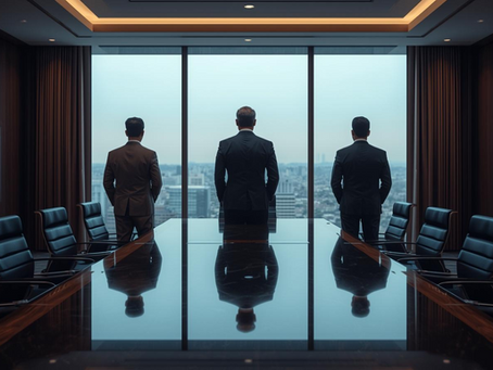 Foto van de ruggen van drie advocaten die vanuit een vergaderzaal, door het raam,uitkijken over een stad.