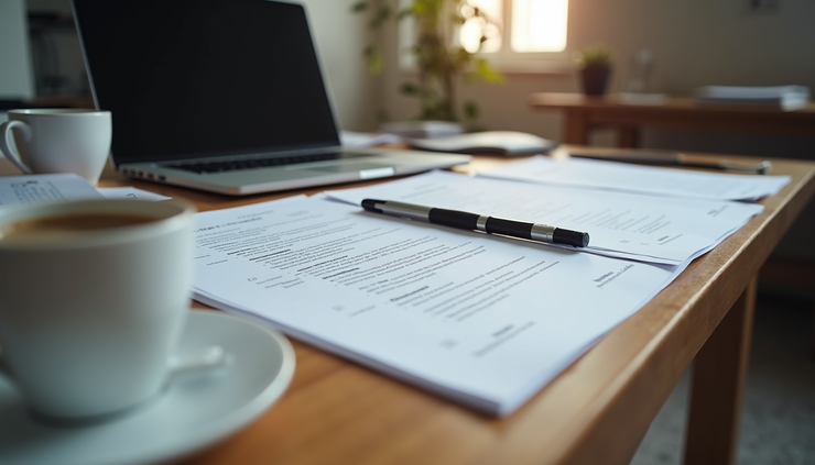 Eye-level view of a cluttered desk with a laptop, resume drafts, and a coffee cup