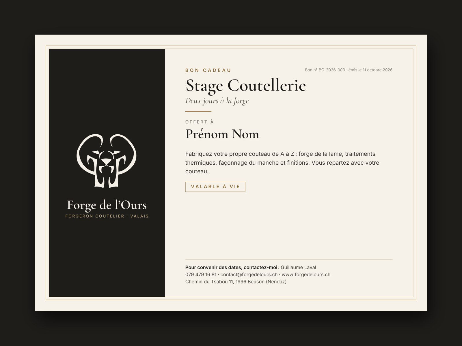 Bon cadeau Forge de l’Ours pour le stage Coutellerie