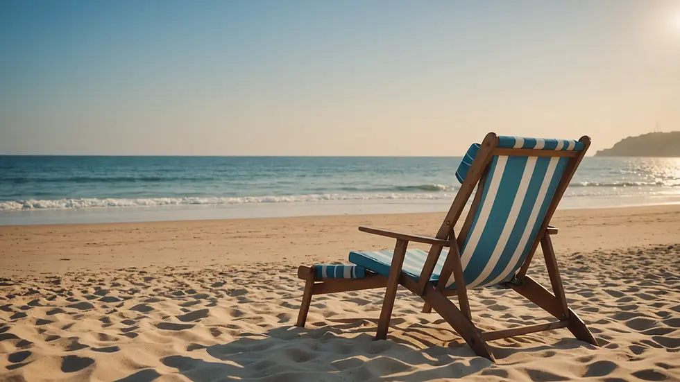 Eye-level view of a lone beach chair facing the sea with a serene landscape