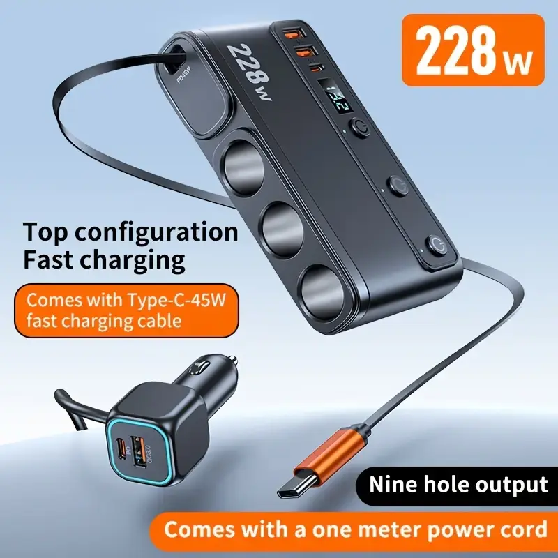 الصورة المصغرة: 9-in-1 228W Car Charger, Multi-Function Car Adapter with 2 Fast Charging PD Port