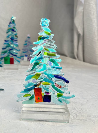 Fused glass art Aqua Christmas Tree with stand