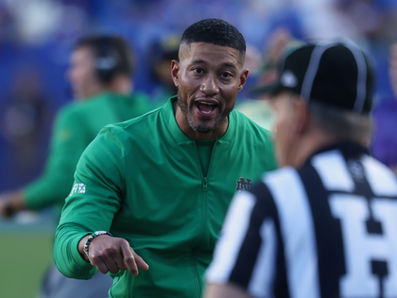 Notre Dame Fighting Irish Head Coach Marcus Freeman reacts during the first half against the Brigham Young Cougars at LaVell Edwards Stadium.