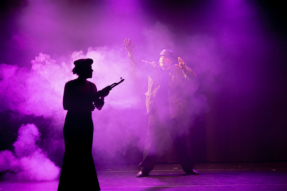 Photographie de scène du spectacle "7 histoires drôles sur la connerie de la guerre" de Julien Masdoua, mettant en scène la silhouette d'une femme armée face à un soldat dans une ambiance théâtrale de fumée et de lumière violette.