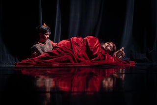 Deux comédiens sur une scène sombre aux reflets mats, l'un veillant au chevet de l'autre allongé et enveloppé dans une imposante couverture rouge.