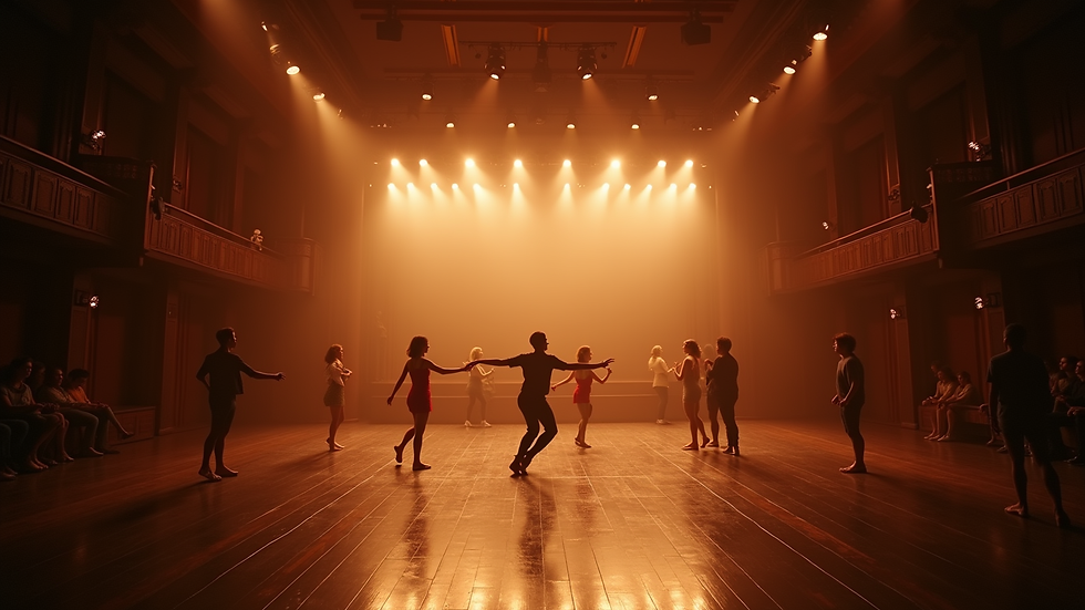 Wide angle view of a theater stage with dancers performing