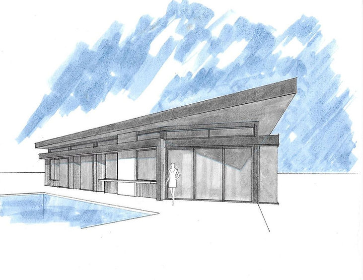 On the board in San Clemente, sketch from the rear. Expansive roof overhangs provide passive cooling and articulation from the nearby ocean waves.