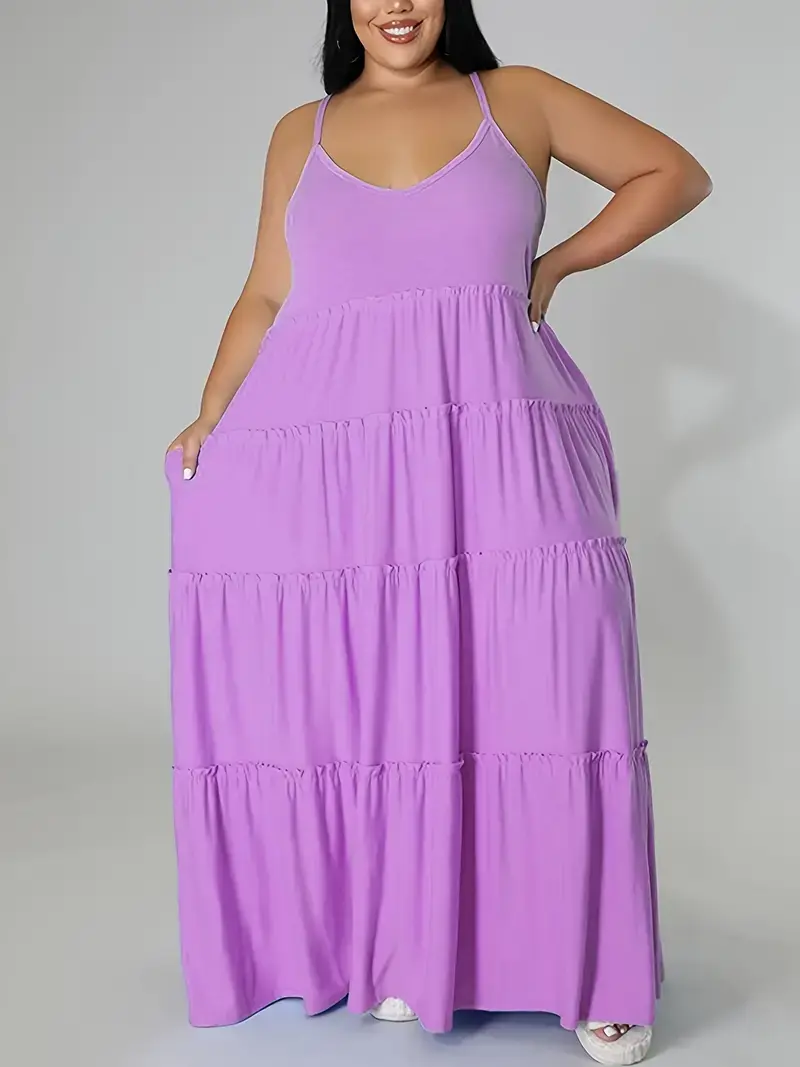Thumbnail: Plus Size Solid Layered Loose Fit Cami Maxi Dress with Pockets