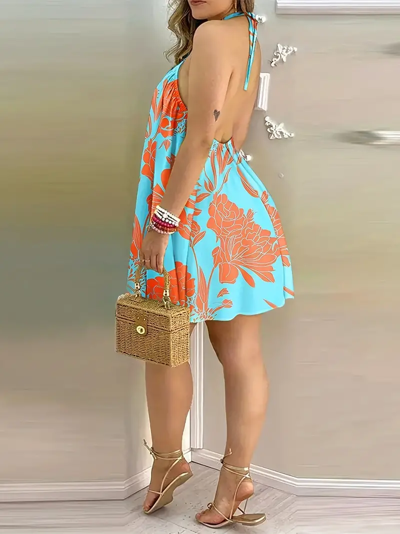 Halter Neck Orange Floral Summer Dress Teal Designs By Nina, LLC