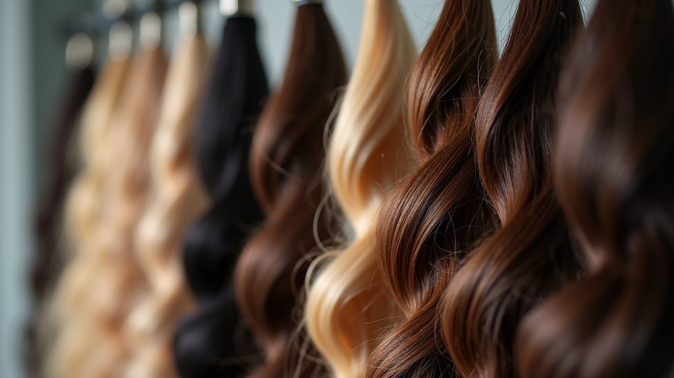 Close-up view of a hair extension display showcasing various natural hair textures