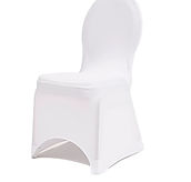 White banquet chair covers with a smooth, tailored fit, styled for weddings and events to create an elegant and cohesive seating look.